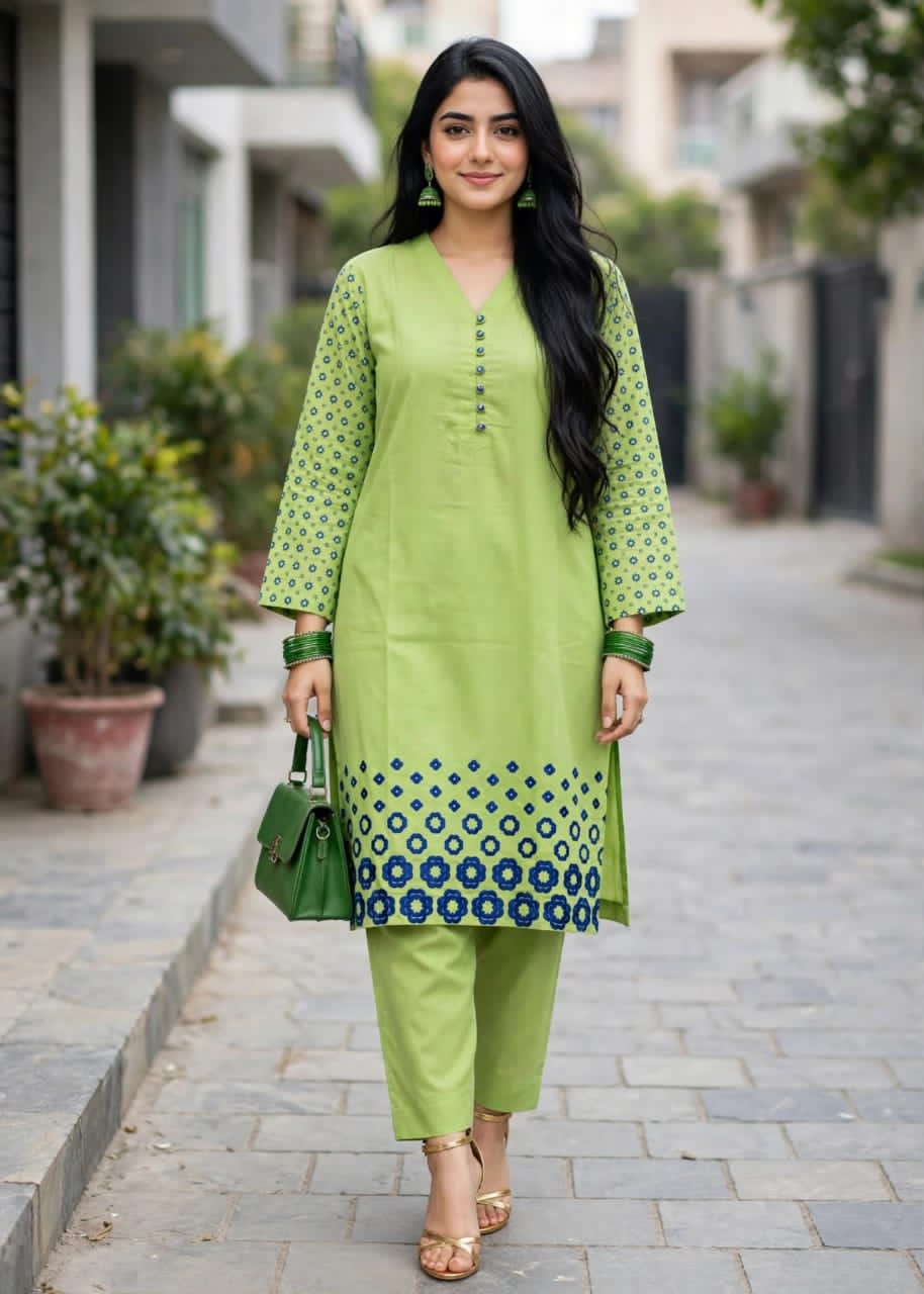Haram fabric premium 2-piece lime green embroidery lawn cotton suit
