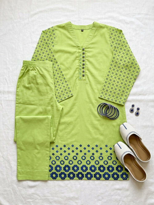 elittedot premium 2-piece lime green embroidery lawn cotton suit